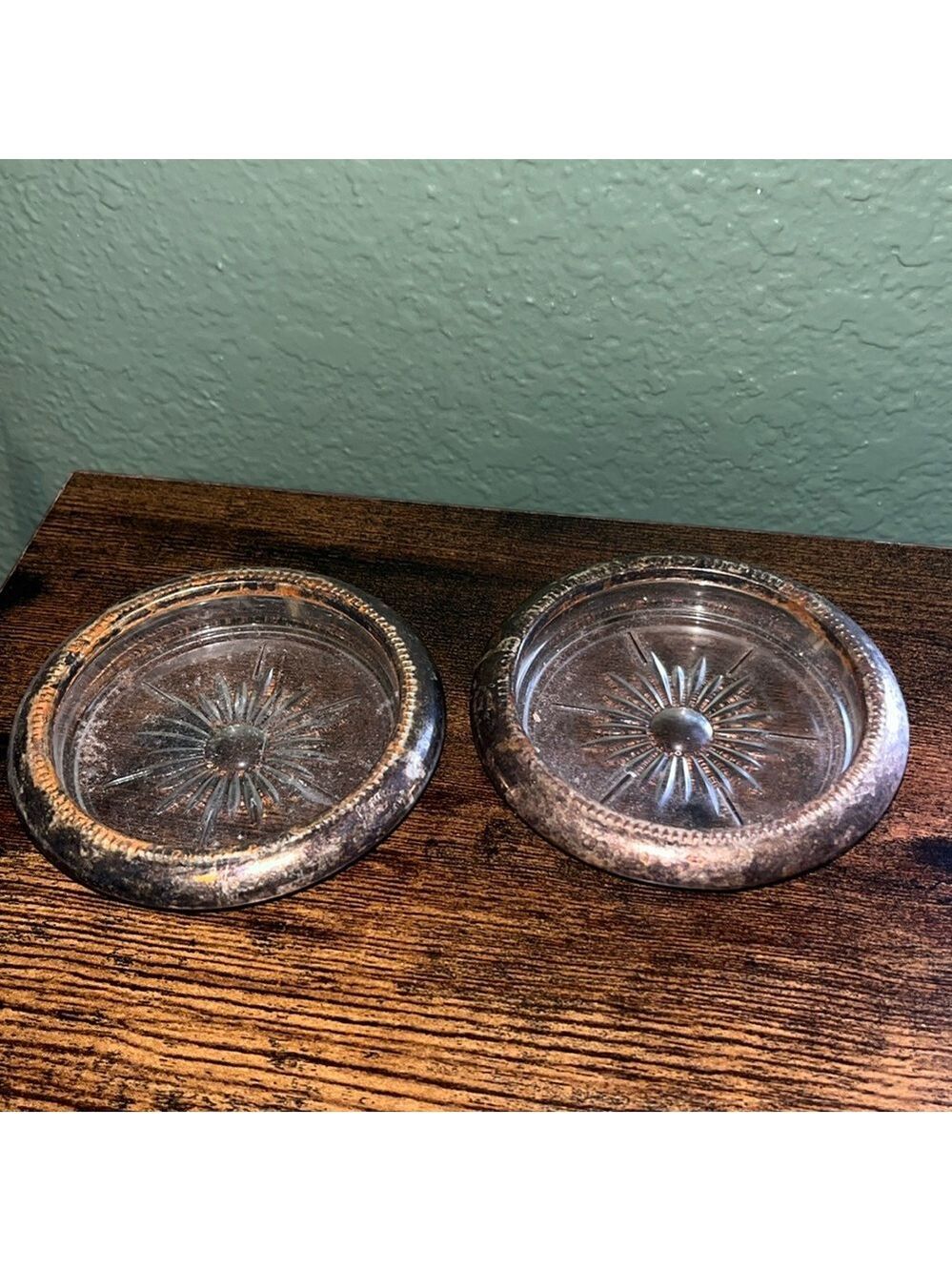 Vintage Leonard Italy Italian Silverplate Glass Coasters Sunburst Glass Coasters